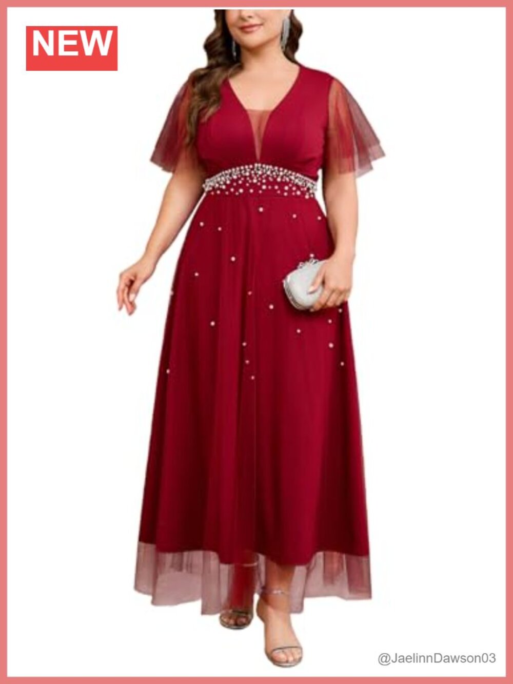 Plus Size Formal Maxi Dress Deep V-Neck Mesh Ruffle Sleeve Pearl Beaded
